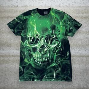 Vintage Y2K Skull Skating Shirt Mens M Forest Green Black Short Sleeve AOP